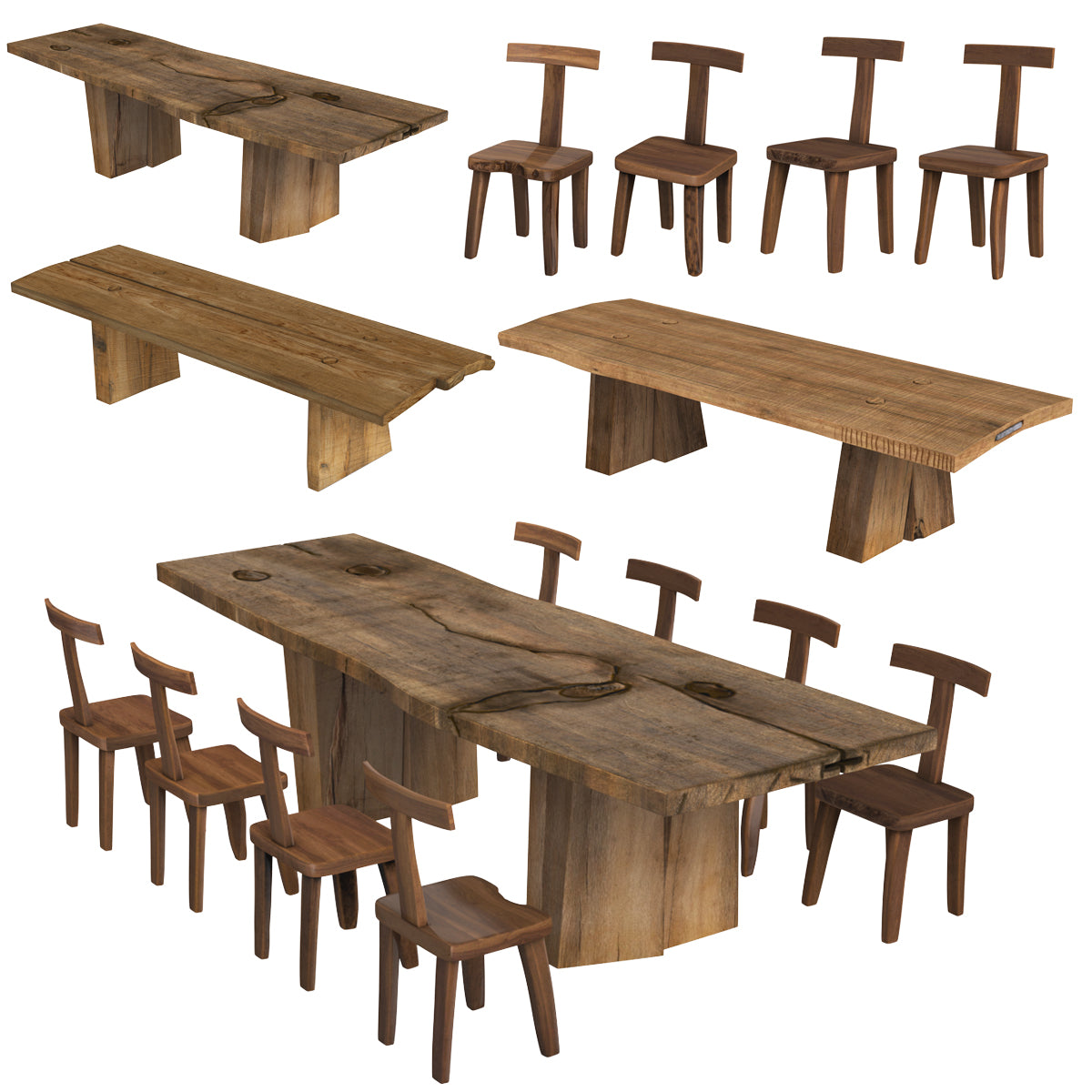 Sculptural Dining Table and Brutalist T-Chair Collection 3D Model